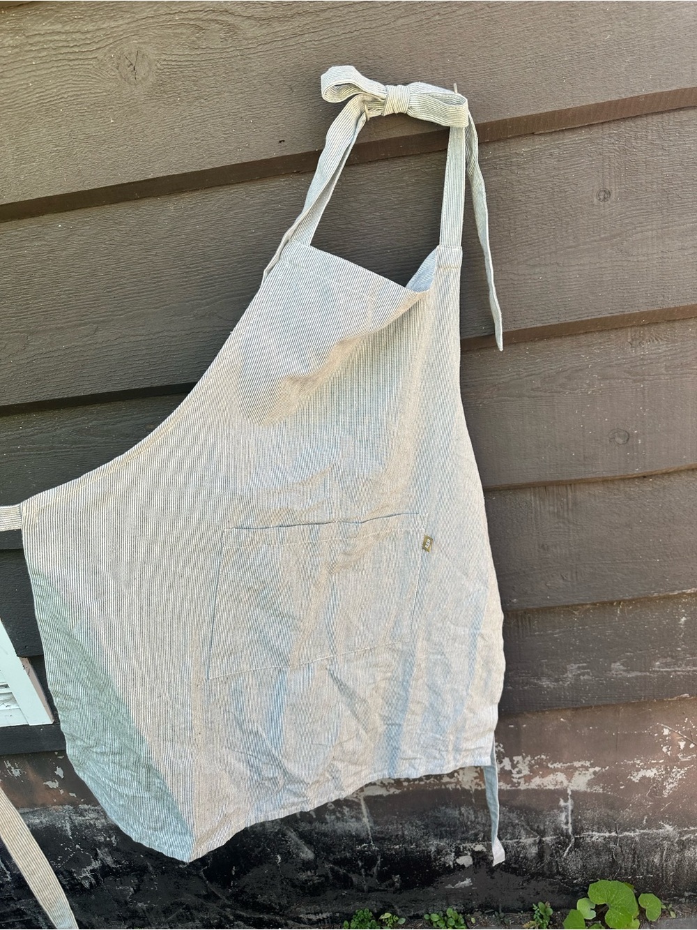 Light Blue Striped Linen Apron with Front Pocket